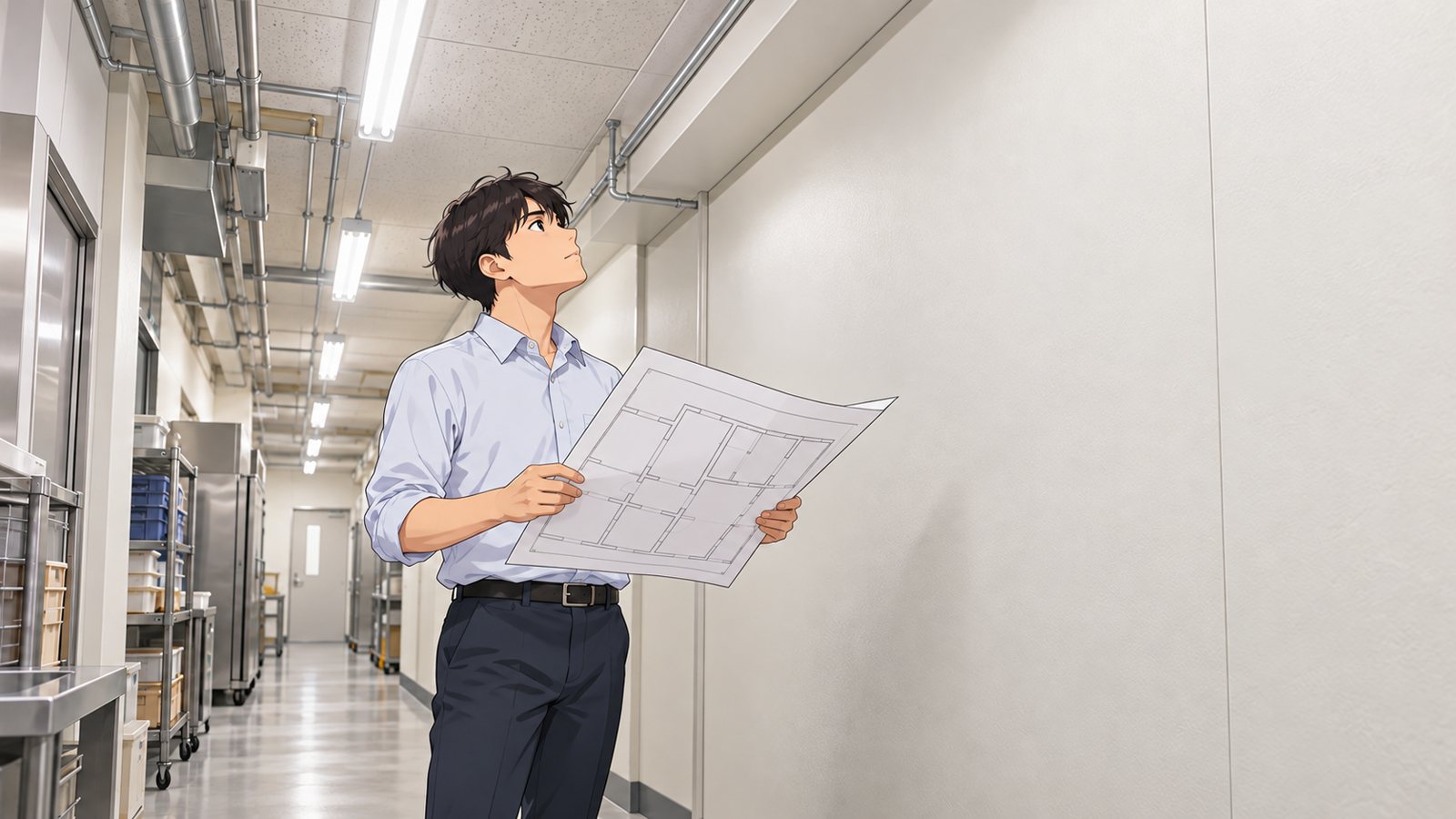 店舗の奥の通路で、若い担当が壁と天井の仕上げを見上げながら、図面と見比べている場面