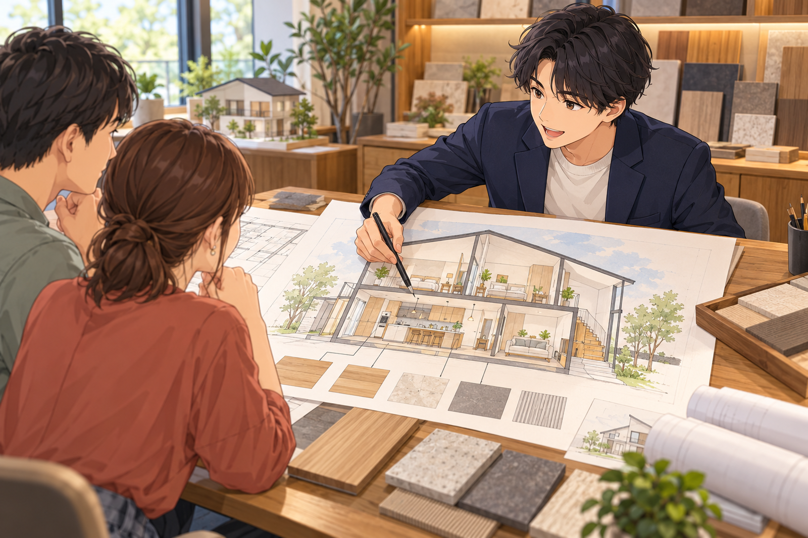 住宅の打合せの机で、若い担当が2階建ての家の断面のスケッチに、キッチンの位置と仕上げ材の名前を書き込んでいる場面