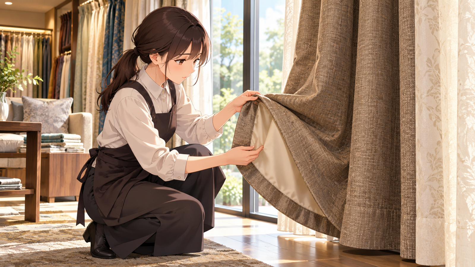 店舗の窓辺で、若い担当が厚手のカーテンの裾を持ち上げ、生地の裏を確かめている場面