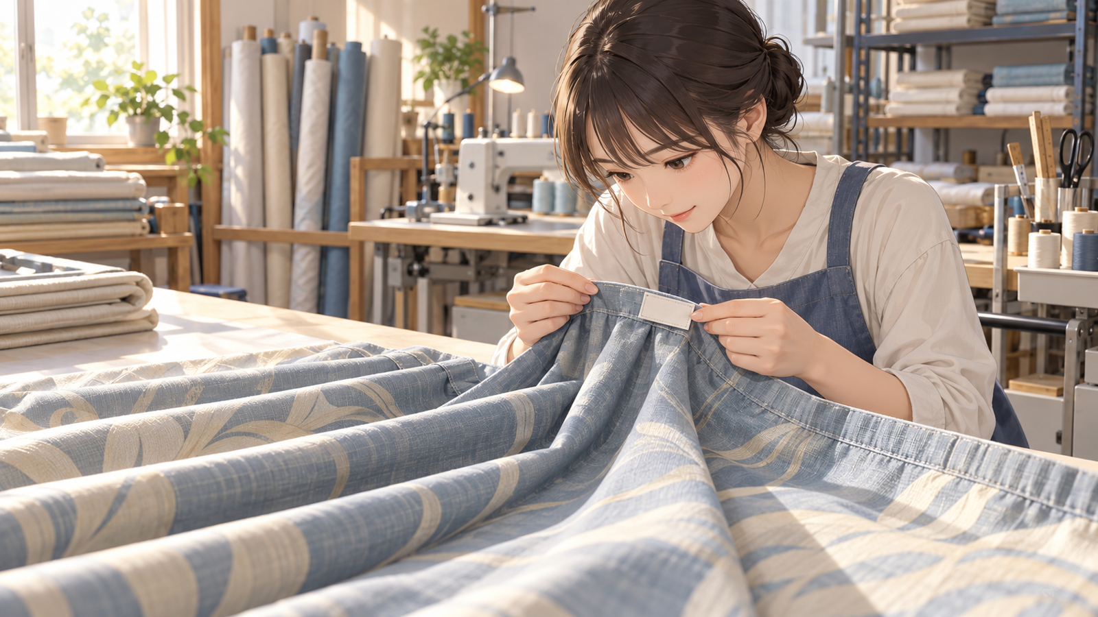 カーテンの店の作業台で、若い担当が仕立てたカーテンに縫い付けられたラベルを確かめている場面