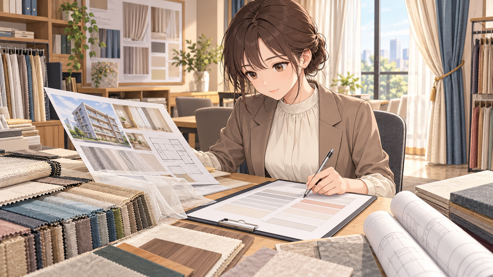 インテリアの事務所の机で、若い担当が建物の資料を見ながら、カーテンの注文書に防炎の欄の印を付けている場面