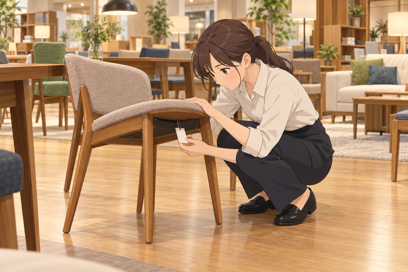 家具の店の売場で、若い担当がいすの座面の裏に付いた札を、かがんで読んでいる場面