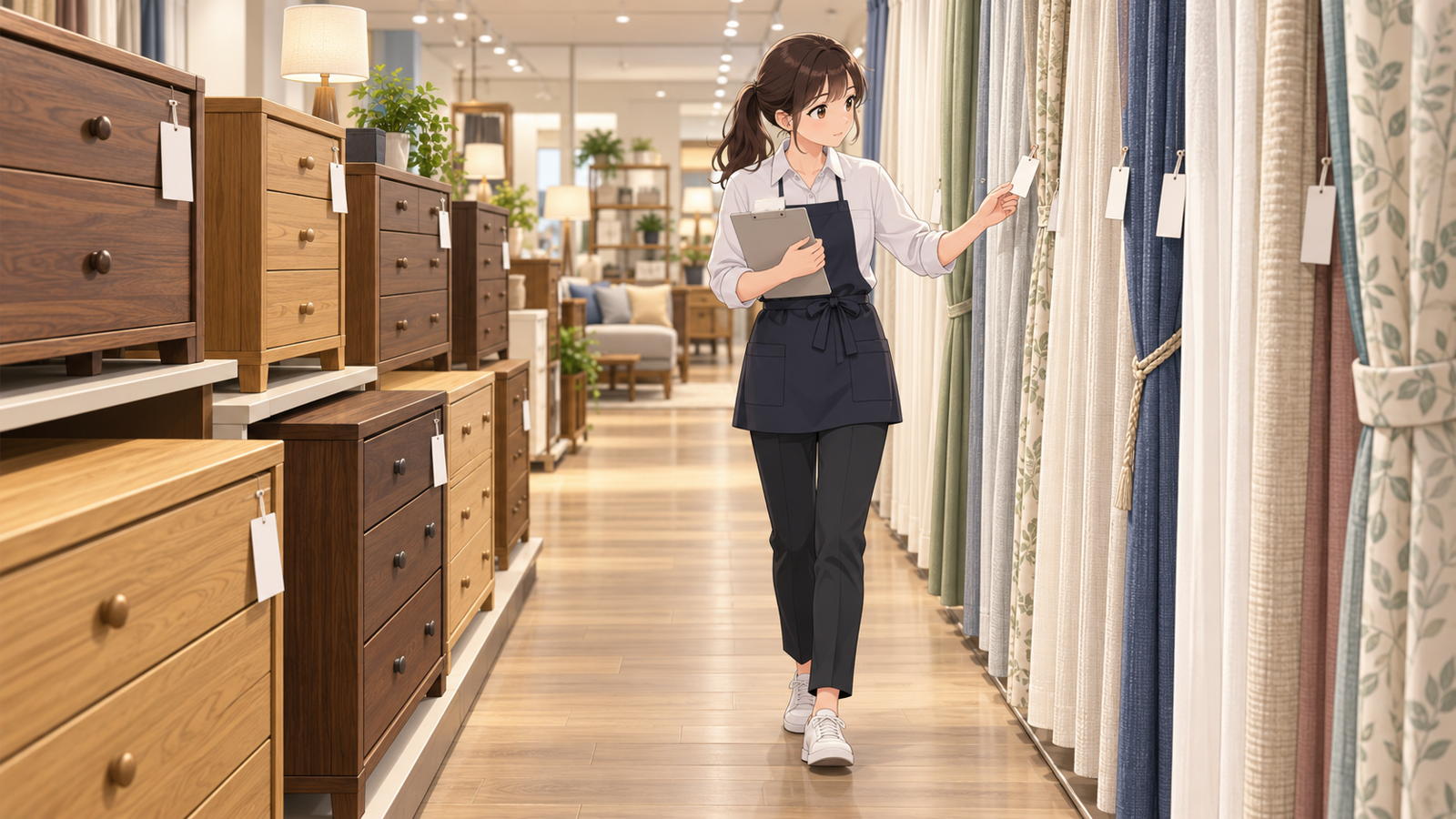 家具とカーテンの売場で、若い担当がたんすとカーテンの並ぶ通路を歩きながら、品の札を見比べている場面