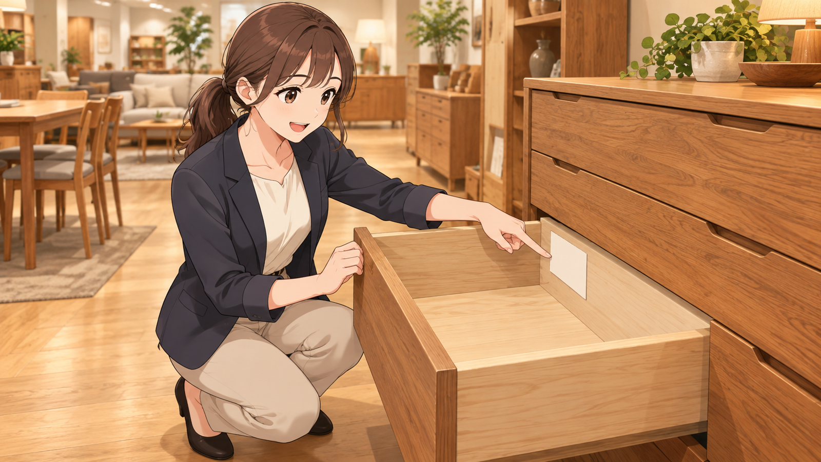 家具の店で、若い担当が木のチェストの引き出しを開け、内側に貼られた札を指さしている場面