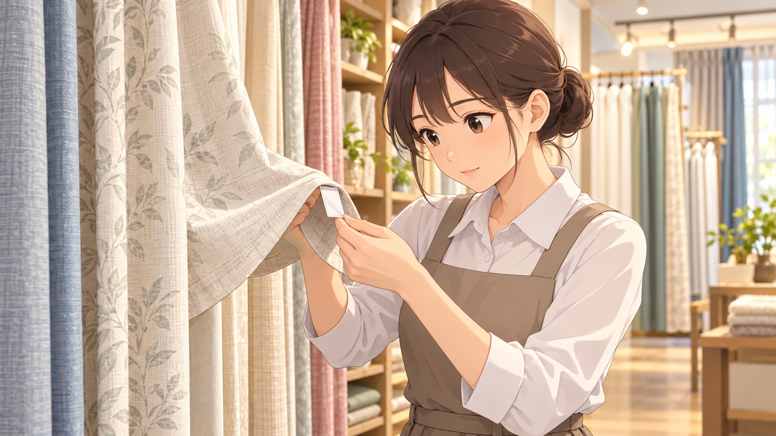カーテンの店で、若い担当がカーテンの裾に縫い付けられたタグを手に取り、洗濯の記号を読んでいる場面