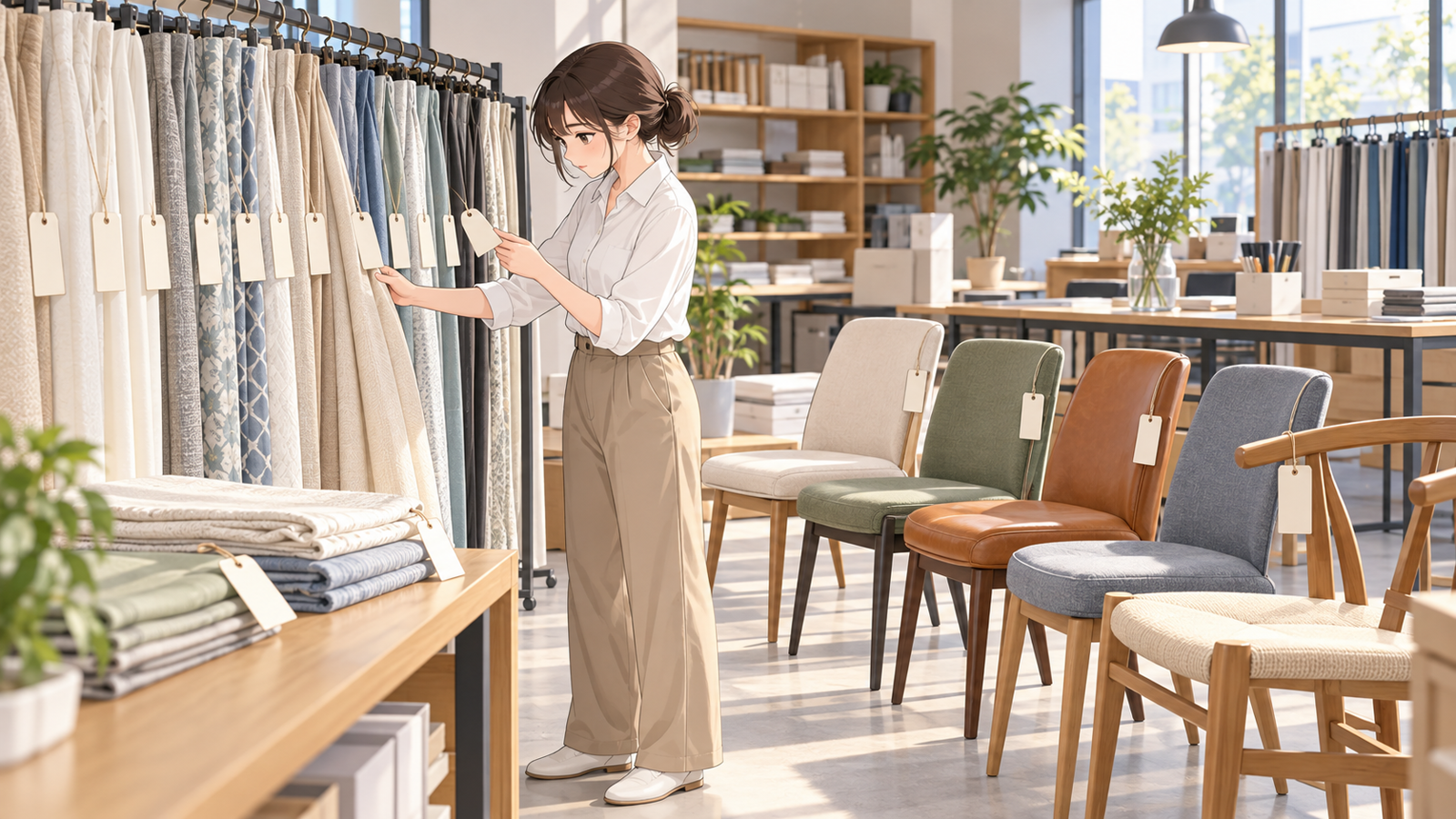 インテリアの事務所で、若い担当が納品の前のカーテンといすを並べ、それぞれの札とタグを確かめている場面