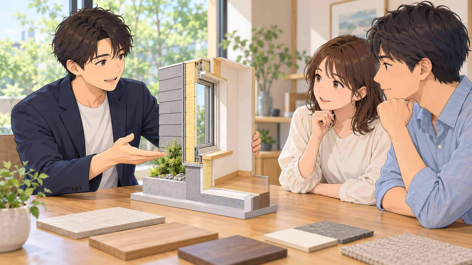 住宅の打合せの机で、若い担当が窓の部分を切り取った模型の断面を、施主に向けて見せている場面