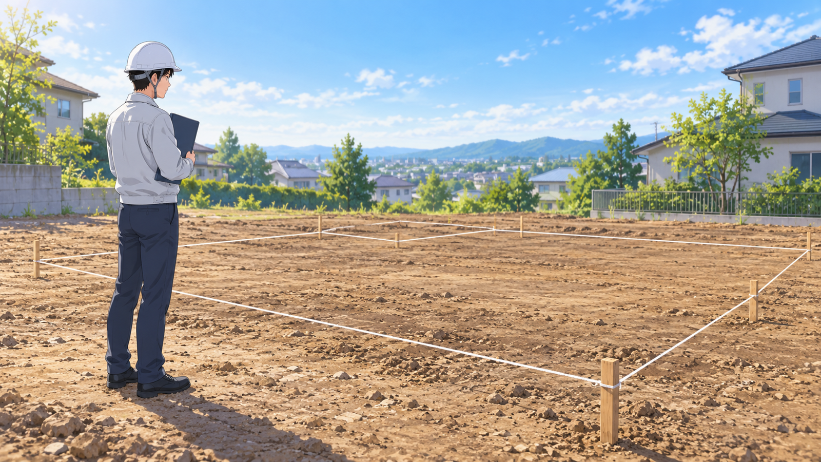 住宅の工事が始まる前の敷地で、若い担当が図面のファイルを抱えて、地縄の張られた地面を見ている場面