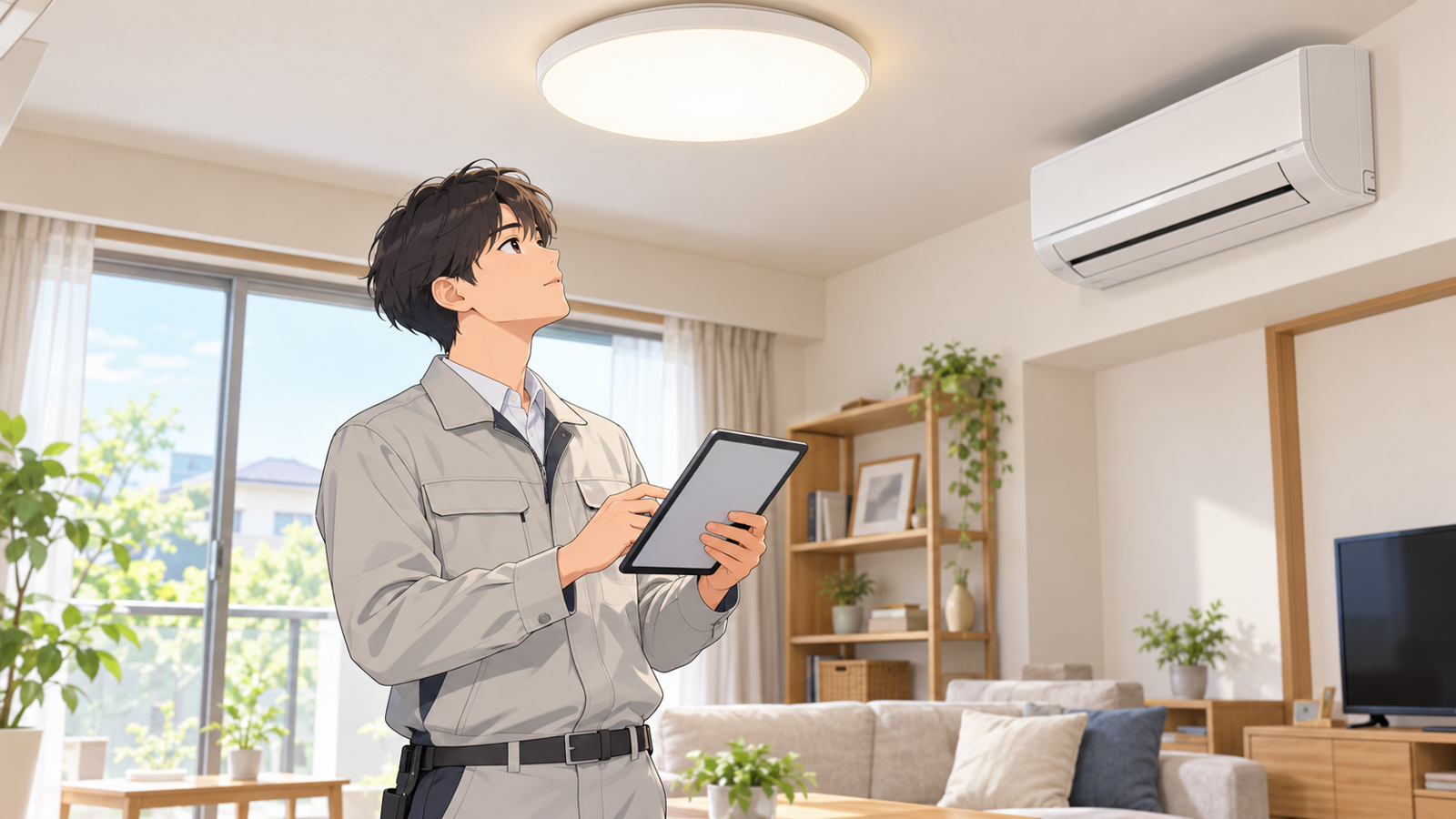 住宅の居間で、若い担当が天井の照明と壁のエアコンを見上げ、手元の機器の一覧と見比べている場面
