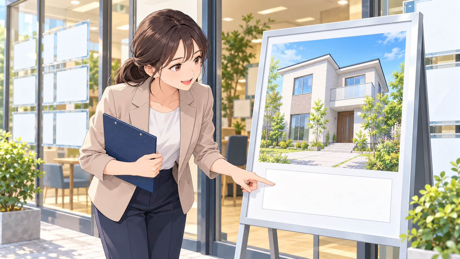 不動産会社の店先で、若い担当が新築の家の広告に付いたラベルの欄を指さして確かめている場面