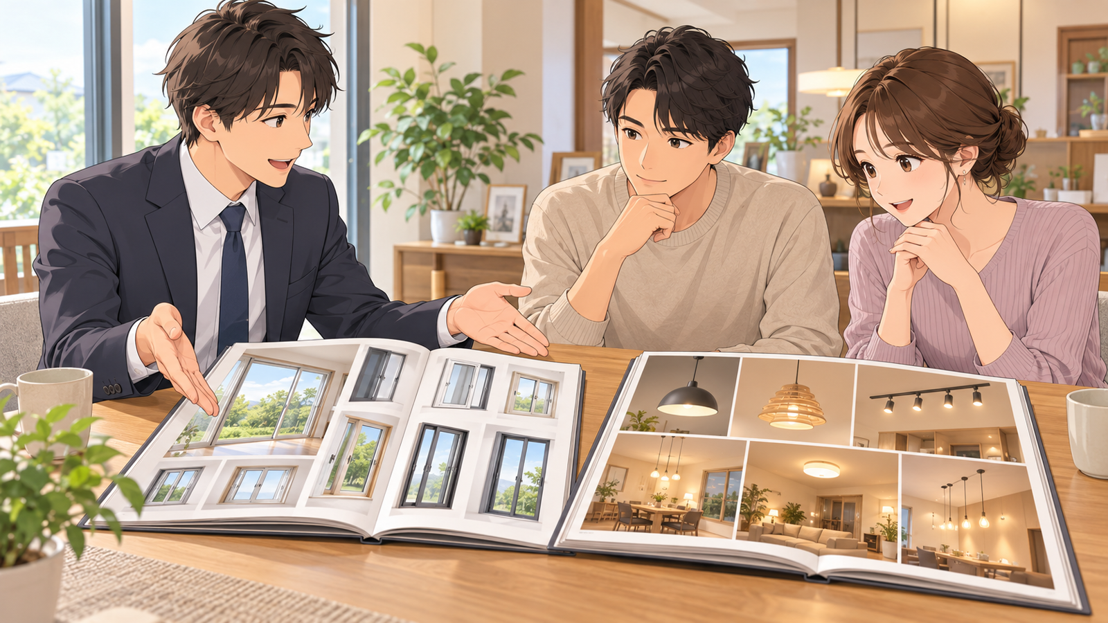 住宅の打合せの机で、若い担当が窓のカタログと照明のカタログを並べ、施主に向けて説明している場面