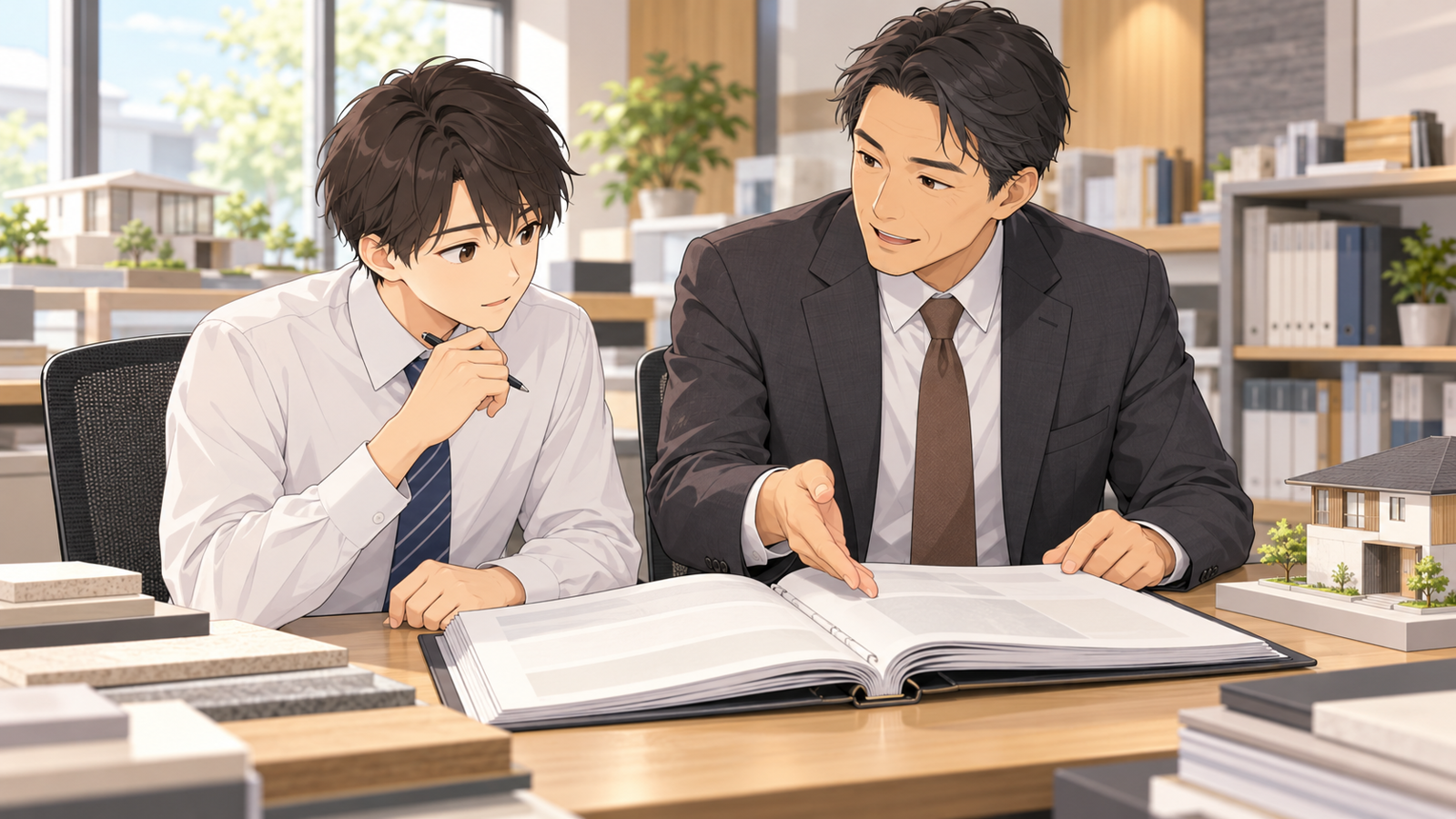 住宅会社の事務所で、若い担当が法令の資料を開き、隣の先輩の説明を聞いている場面