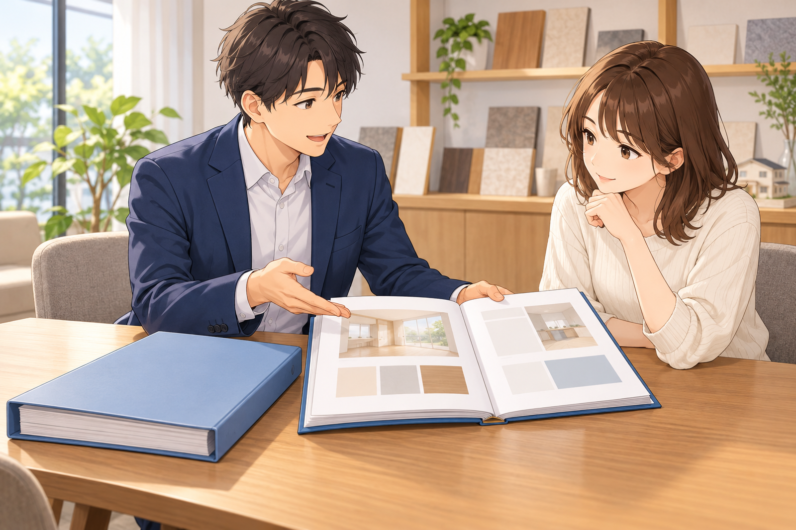 住宅の打合せの机に、表紙の付いた評価書のファイルが2つ並び、若い担当がその1つを開いて施主に見せている場面