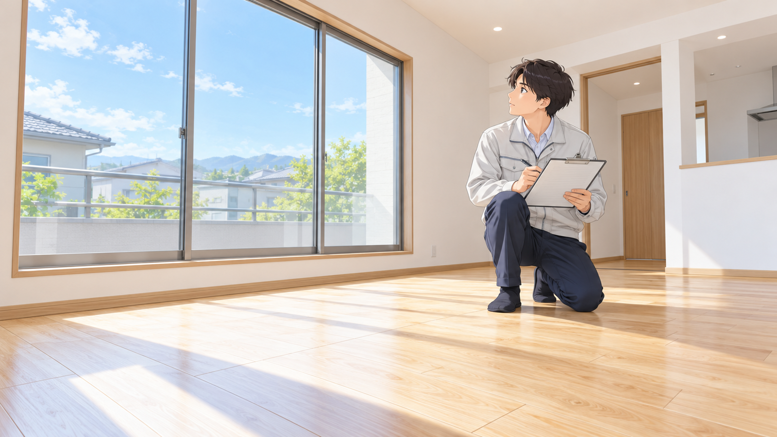 新築の住宅の部屋で、若い担当が窓の大きさと床の仕上げを見比べながら、評価書の項目をチェックしている場面