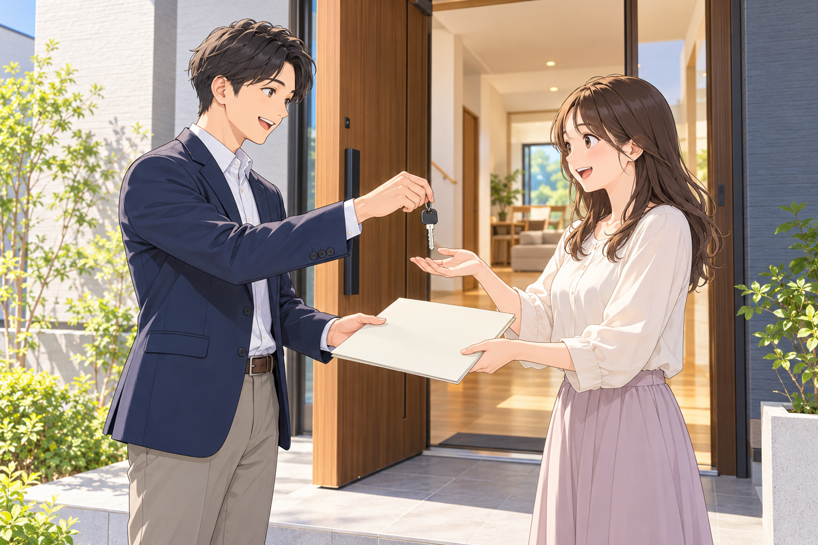 完成した住宅の玄関で、若い担当が施主に鍵とファイルを手渡している引き渡しの場面