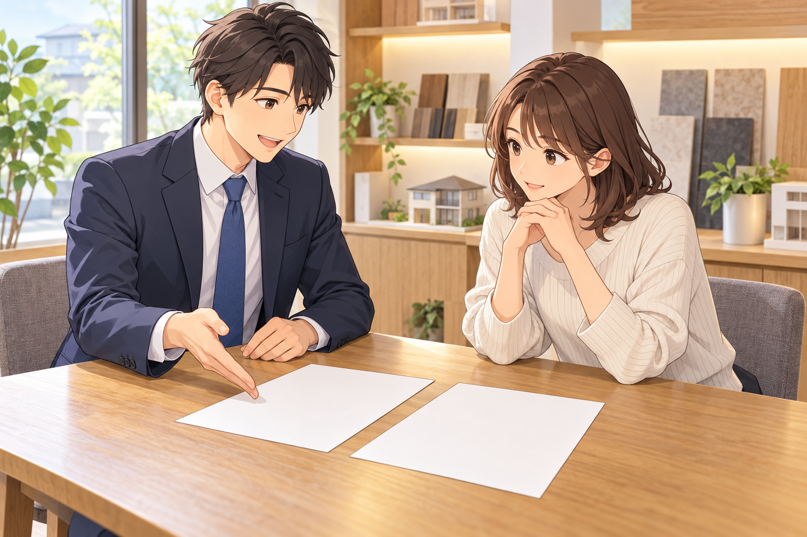 住宅の打合せの机で、若い担当が施主に向けて、評価書と契約書を並べて指さしながら説明している場面