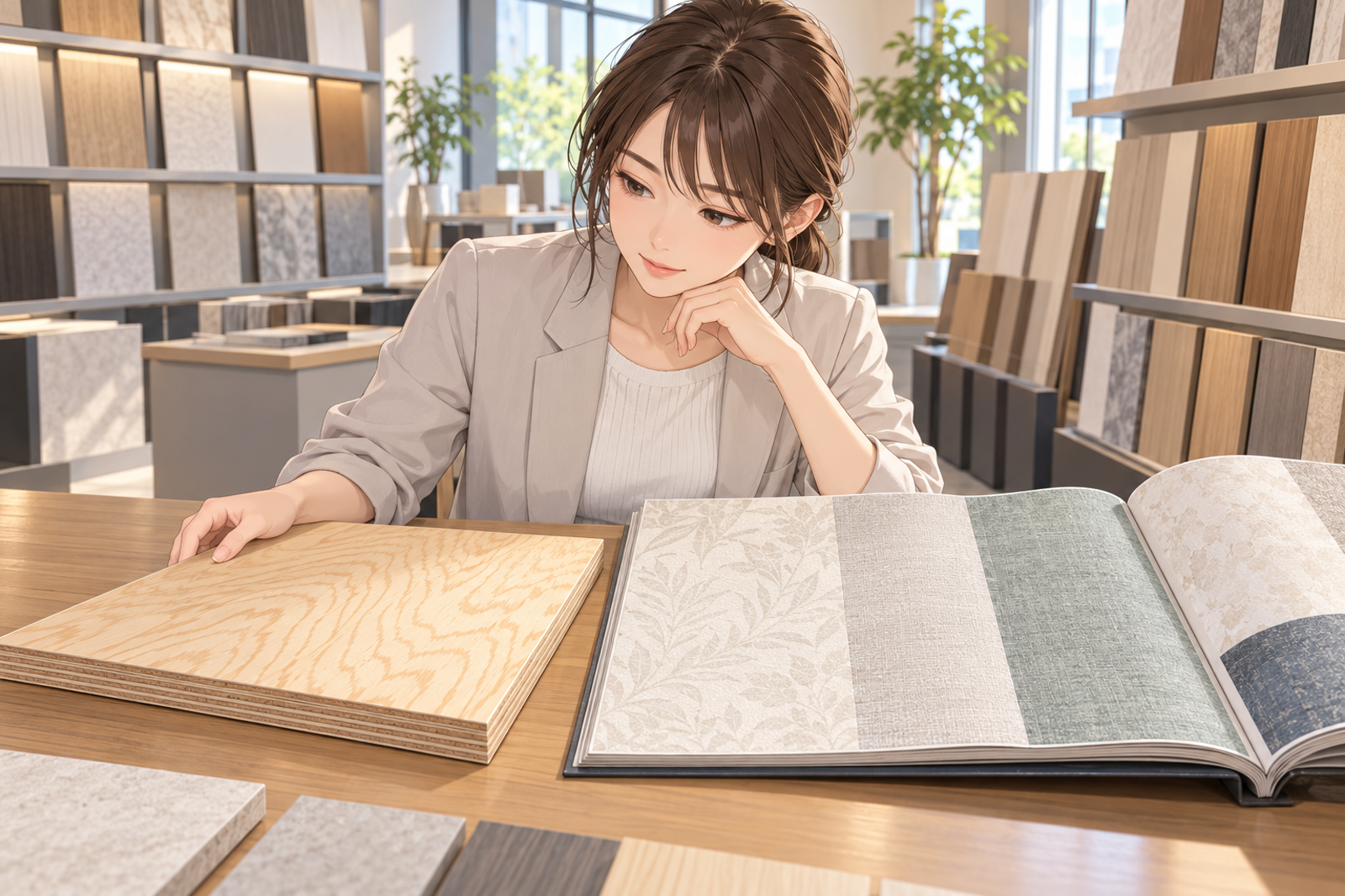 建材の展示室の机で、若い担当が合板の板と、壁紙の見本帳を並べて見比べている場面