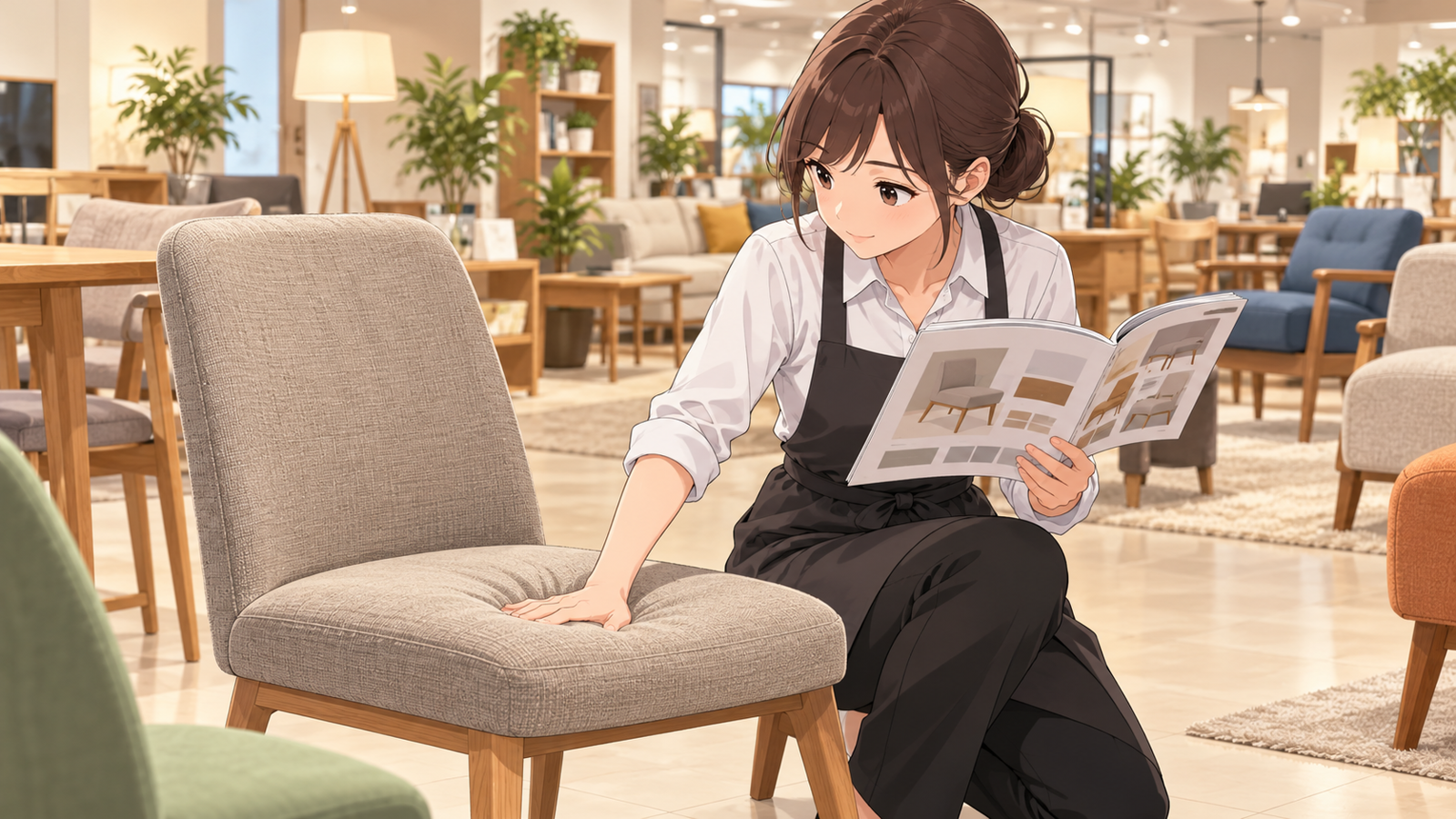 家具の店の売場で、若い担当がいすの座面を押して確かめながら、手元のカタログの規格の欄を見ている場面