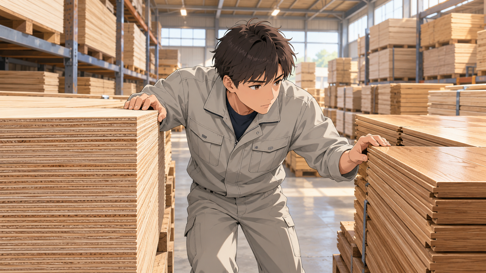 材木の倉庫で、若い担当が積まれた合板と、フローリングの束の端を見比べている場面