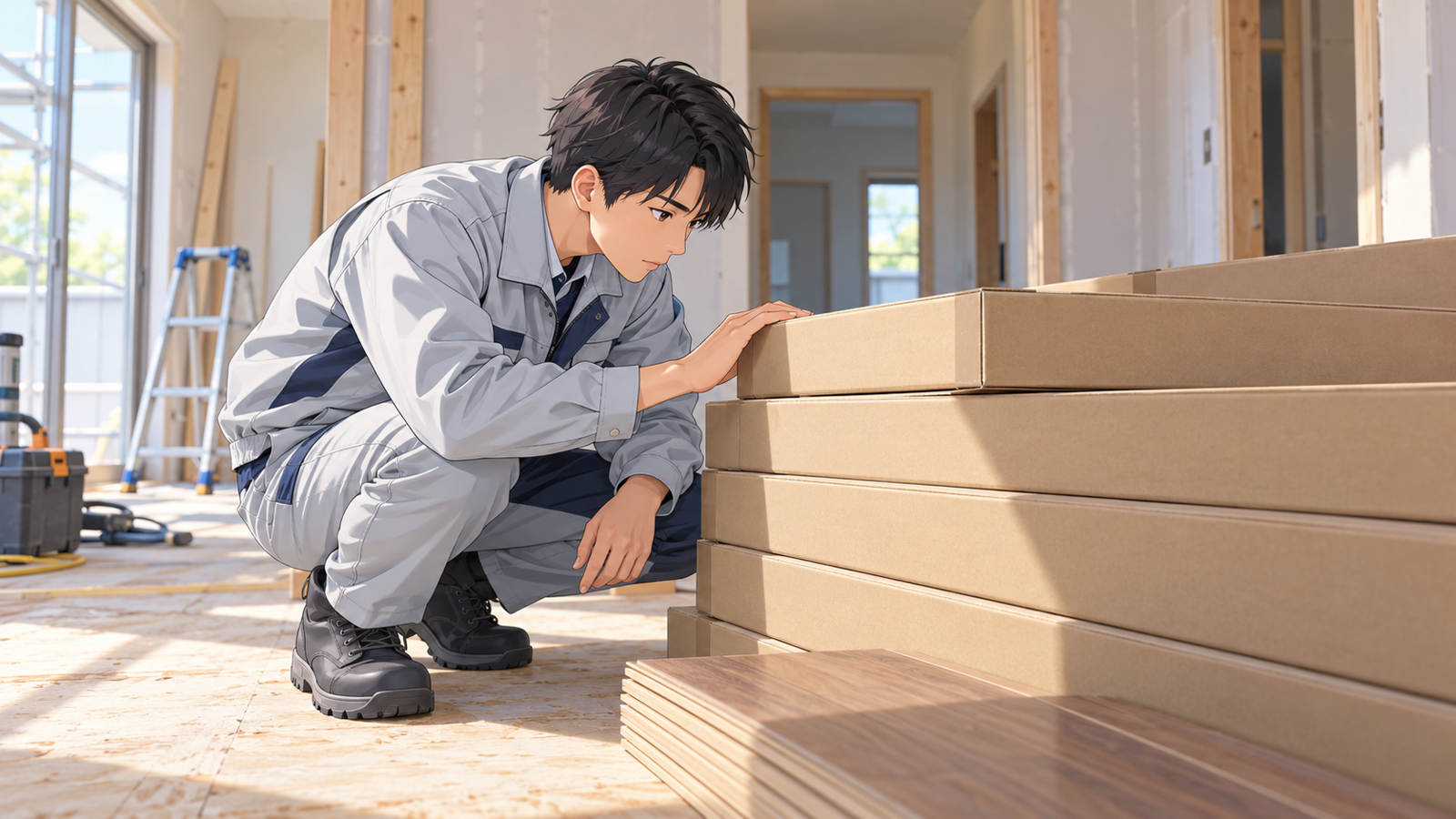 住宅の内装の現場で、若い担当が床材の箱に書かれた規格と等級の表示を確かめている場面