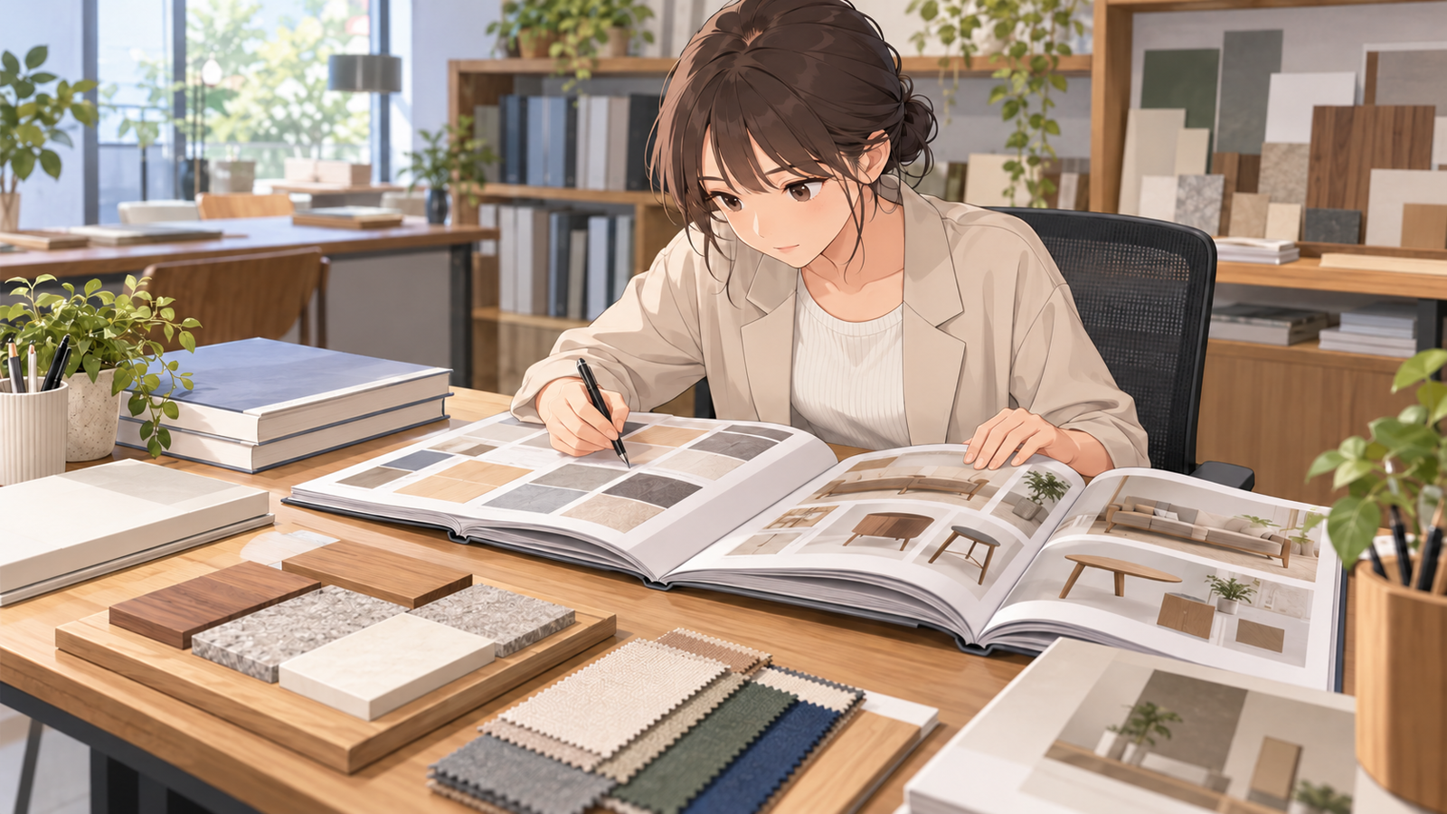インテリアの事務所の机で、若い担当が建材と家具のカタログを開き、JIS と JAS の表示に印を付けている場面