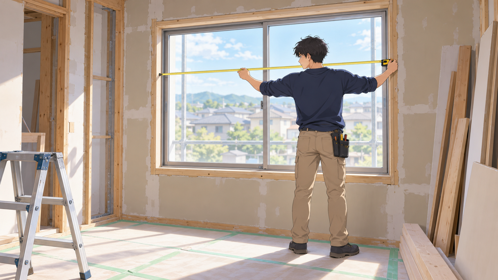 住宅の内装工事中の部屋で、若い担当が窓の前にメジャーを当てて、窓の大きさを測っている場面