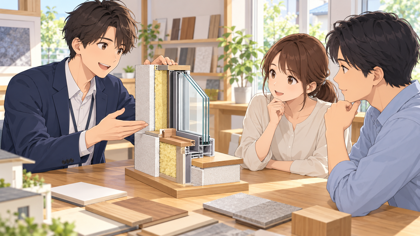 住宅の打合せの机で、若い担当が窓の模型の断面を施主に見せて説明している場面