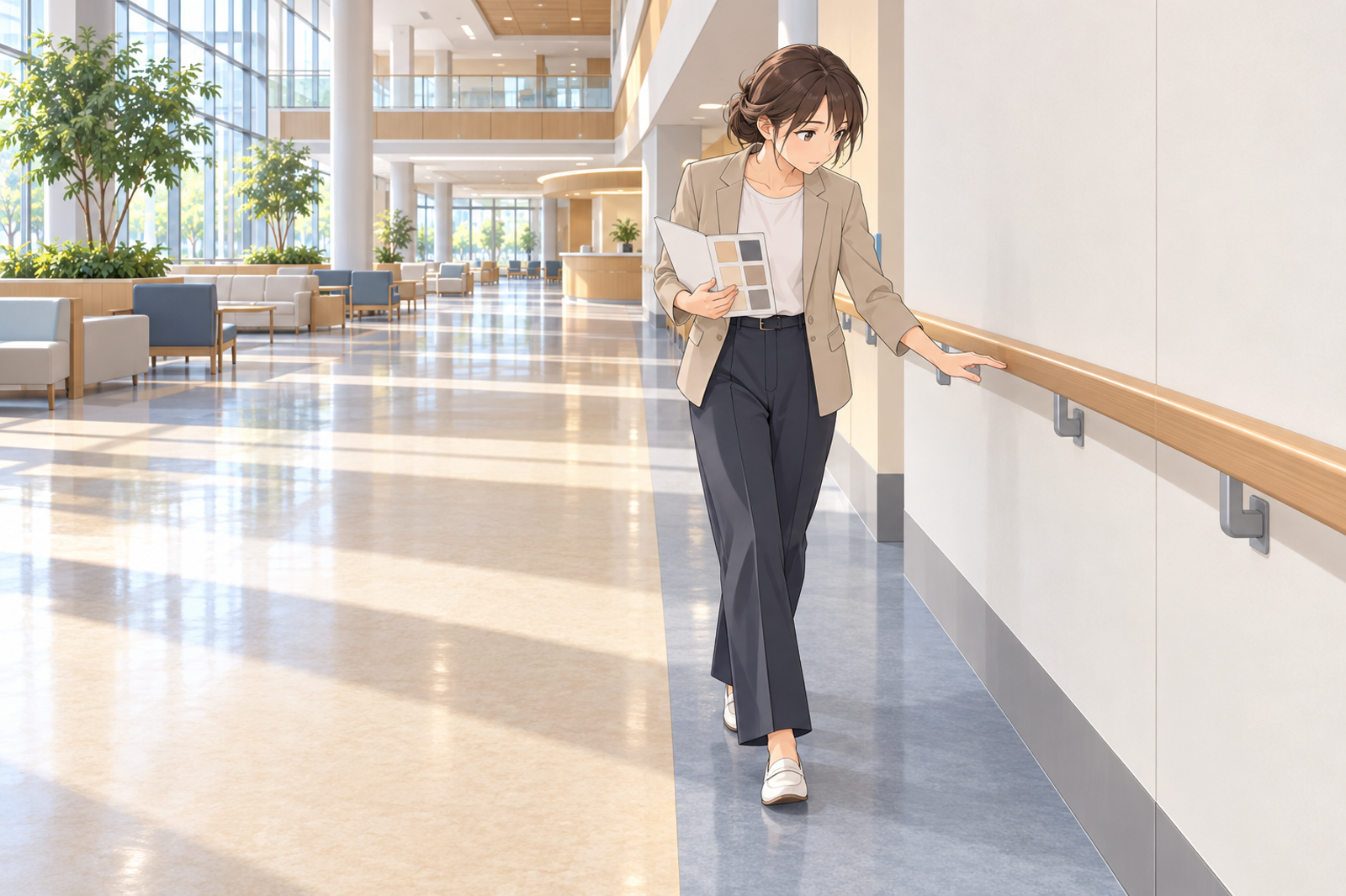 病院の広いロビーで、若い設計者が手すりと床の色の違いを確かめながら歩いている場面