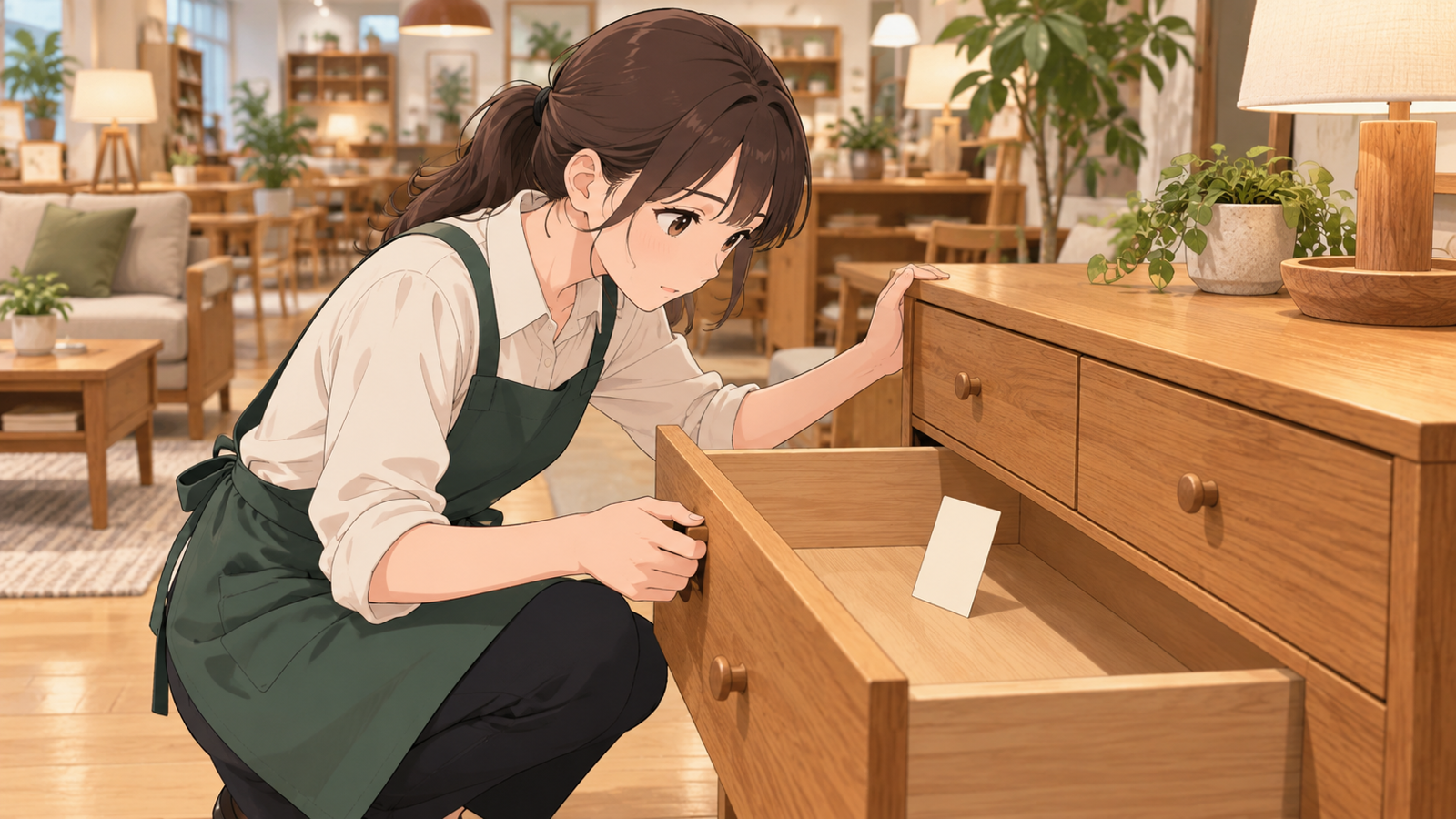 家具の店の売場で、若い担当が木のチェストの引き出しを開けて、中の札をのぞいている場面
