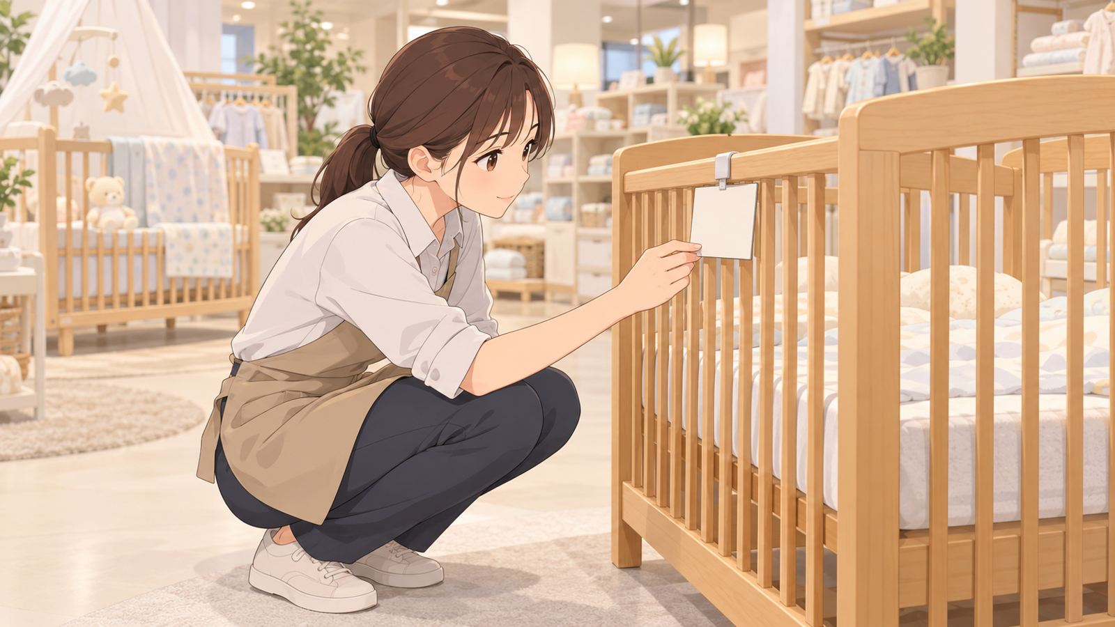 ベビー用品の売場で、若い担当が木のベビーベッドの柵に付いた表示を、しゃがんで確かめている場面