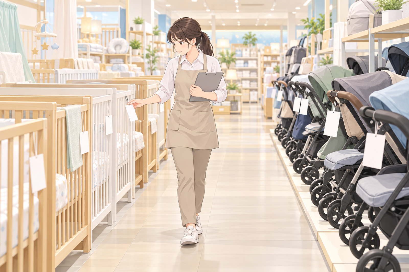 ベビー用品の売場で、若い担当がベビーベッドとベビーカーの並ぶ通路を歩き、商品の札を見ている場面