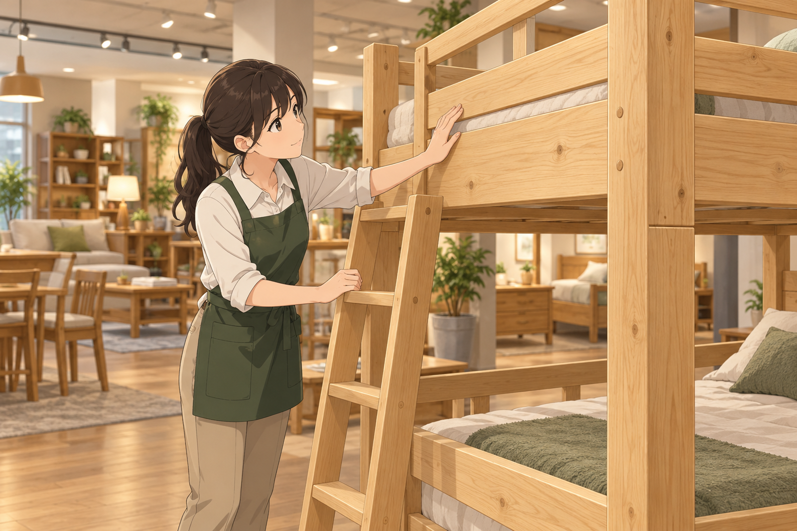 家具の店で、若い担当が木の二段ベッドのはしごに手をかけ、側面に貼られたマークを見ている場面