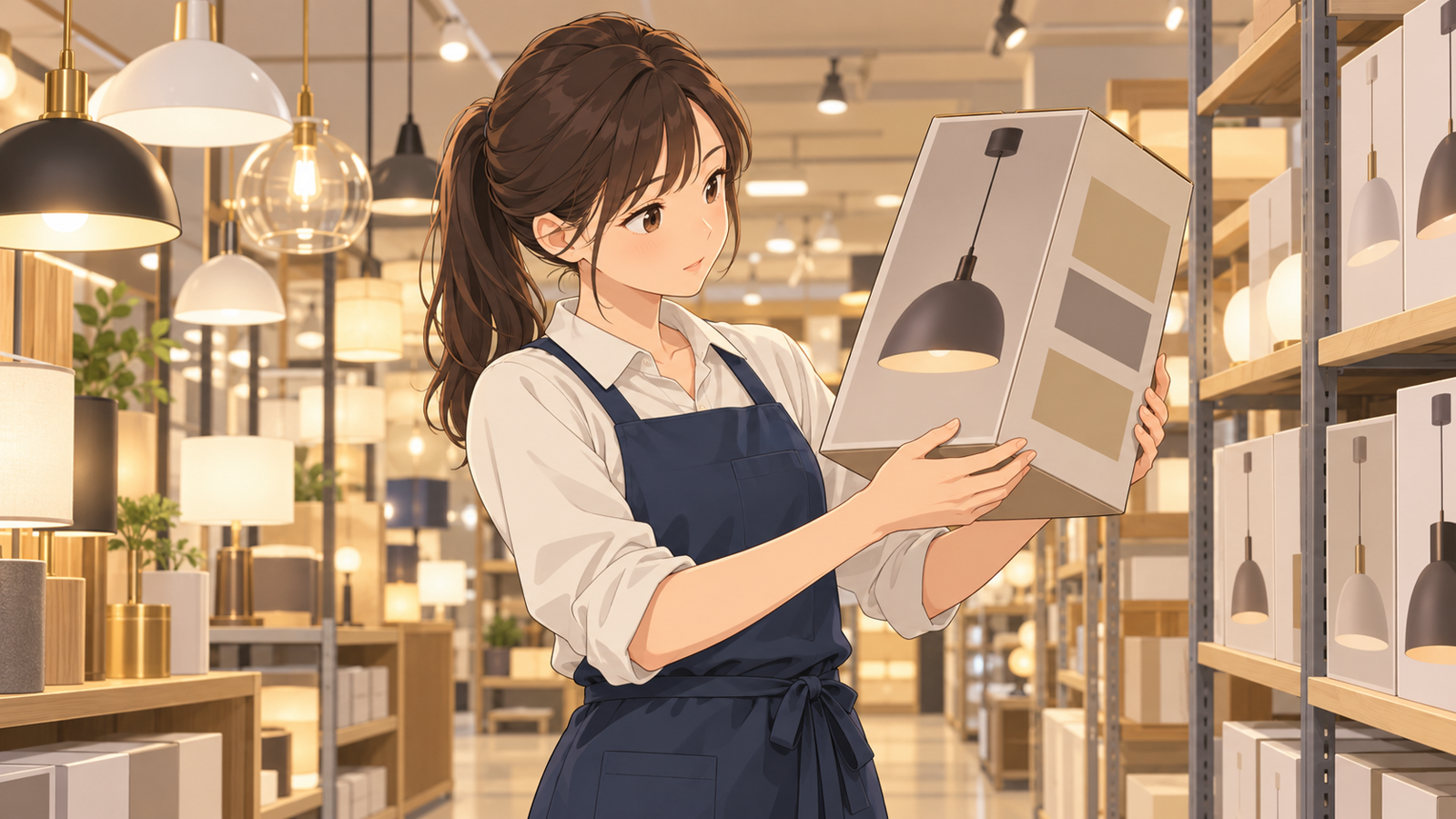 照明の売場で、若い担当がペンダントライトの箱を手に取り、側面の表示を確かめている場面