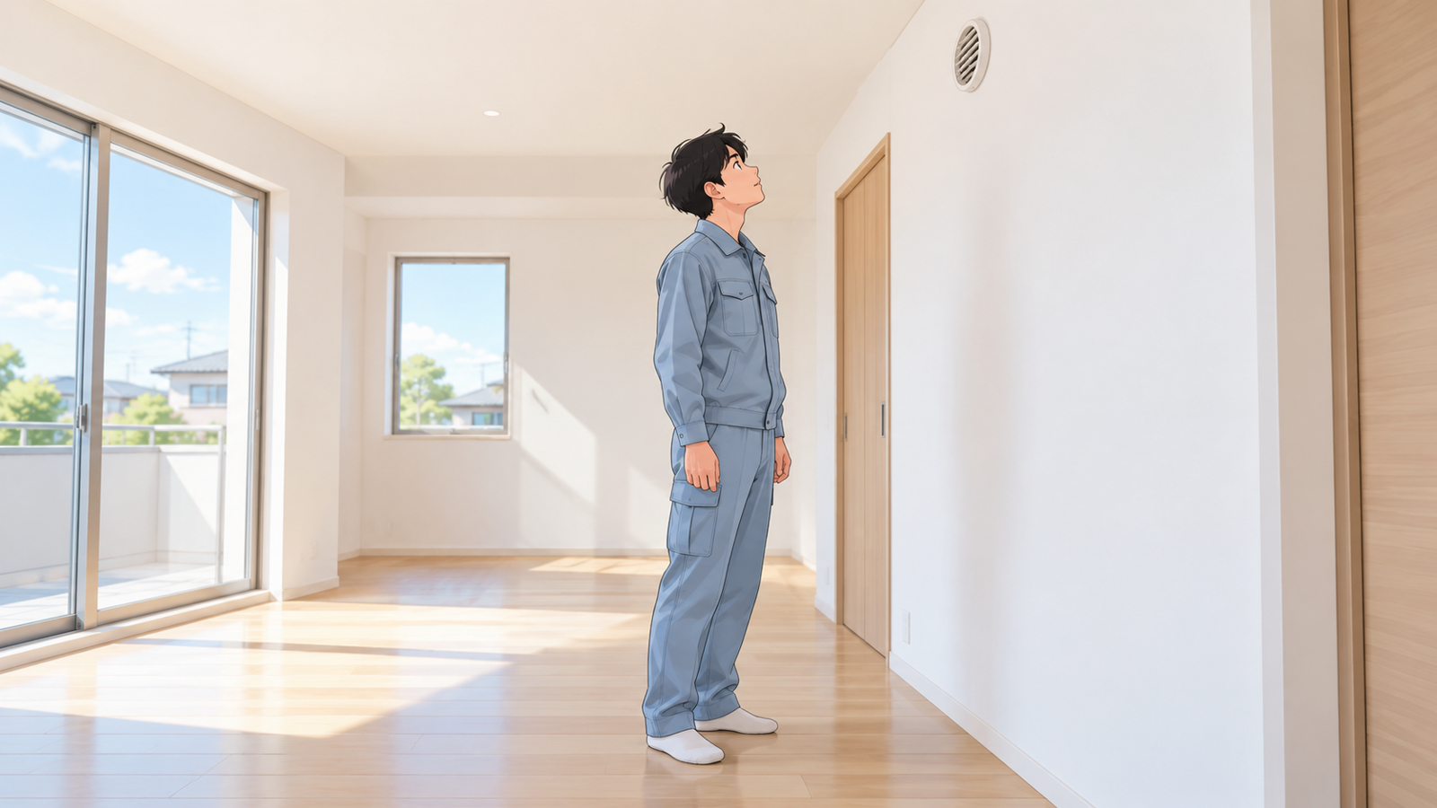 完成したばかりの住宅の部屋で、若い担当が壁の換気口を見上げて確かめている場面