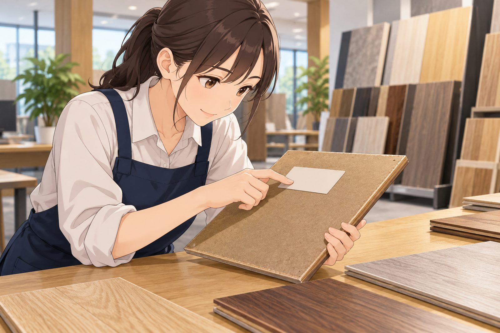 床材の見本を裏返し、若い担当が裏に貼られた表示のラベルを指でなぞって読んでいる場面