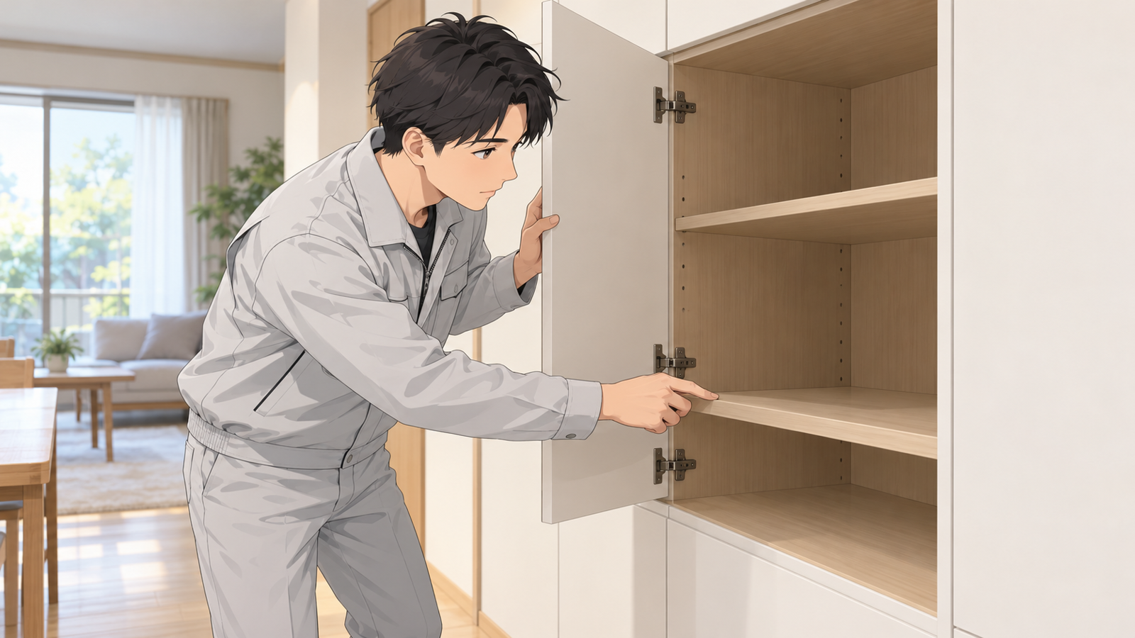 住宅の部屋の造り付けの収納の扉を開けて、若い担当が中の板の表示を確かめている場面