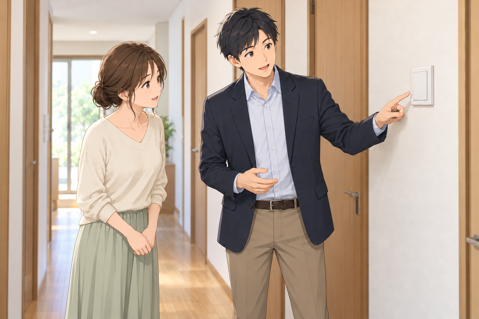 住宅の廊下で、若い担当が壁の換気のスイッチを指さしながら、施主に説明している場面