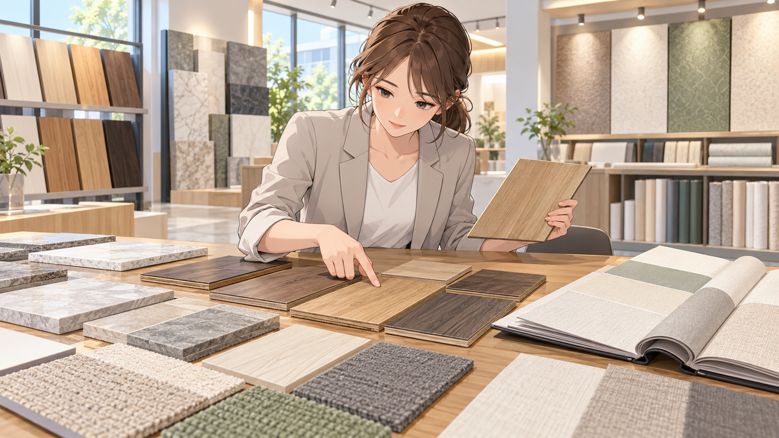 建材のショールームの机で、若い担当が床材と壁紙の見本を並べ、等級の表示を比べて選んでいる場面