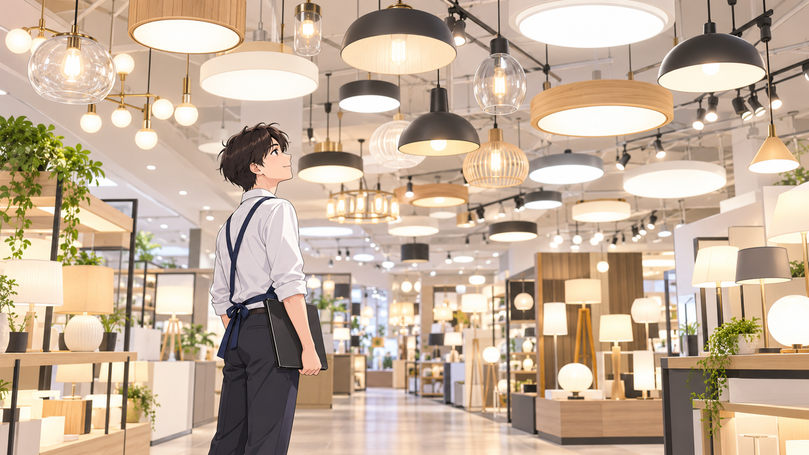 家電の売場で、若い担当が天井から下がった照明器具の並びを見上げている場面