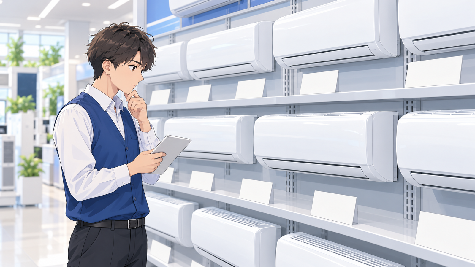 家電の売場で、若い担当がエアコンの並んだ棚の前に立ち、製品の札を見比べている場面