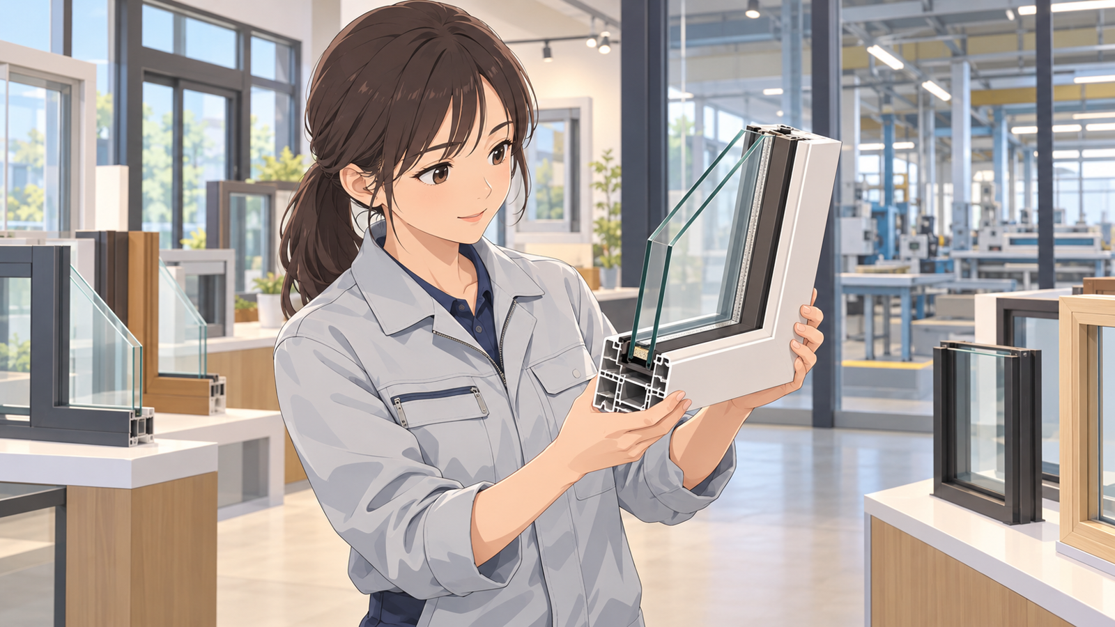 サッシの工場の展示室で、若い担当が複層ガラスの入った窓の断面の見本を手に取って見ている場面