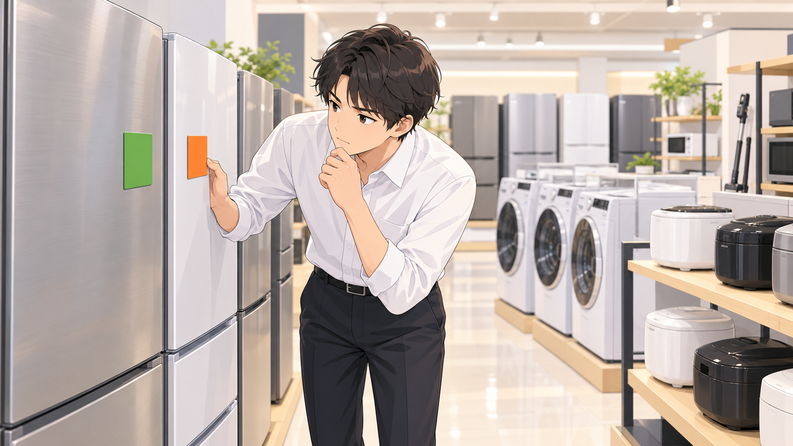家電の売場で、若い担当が製品に付いた緑とオレンジのラベルを見比べている場面