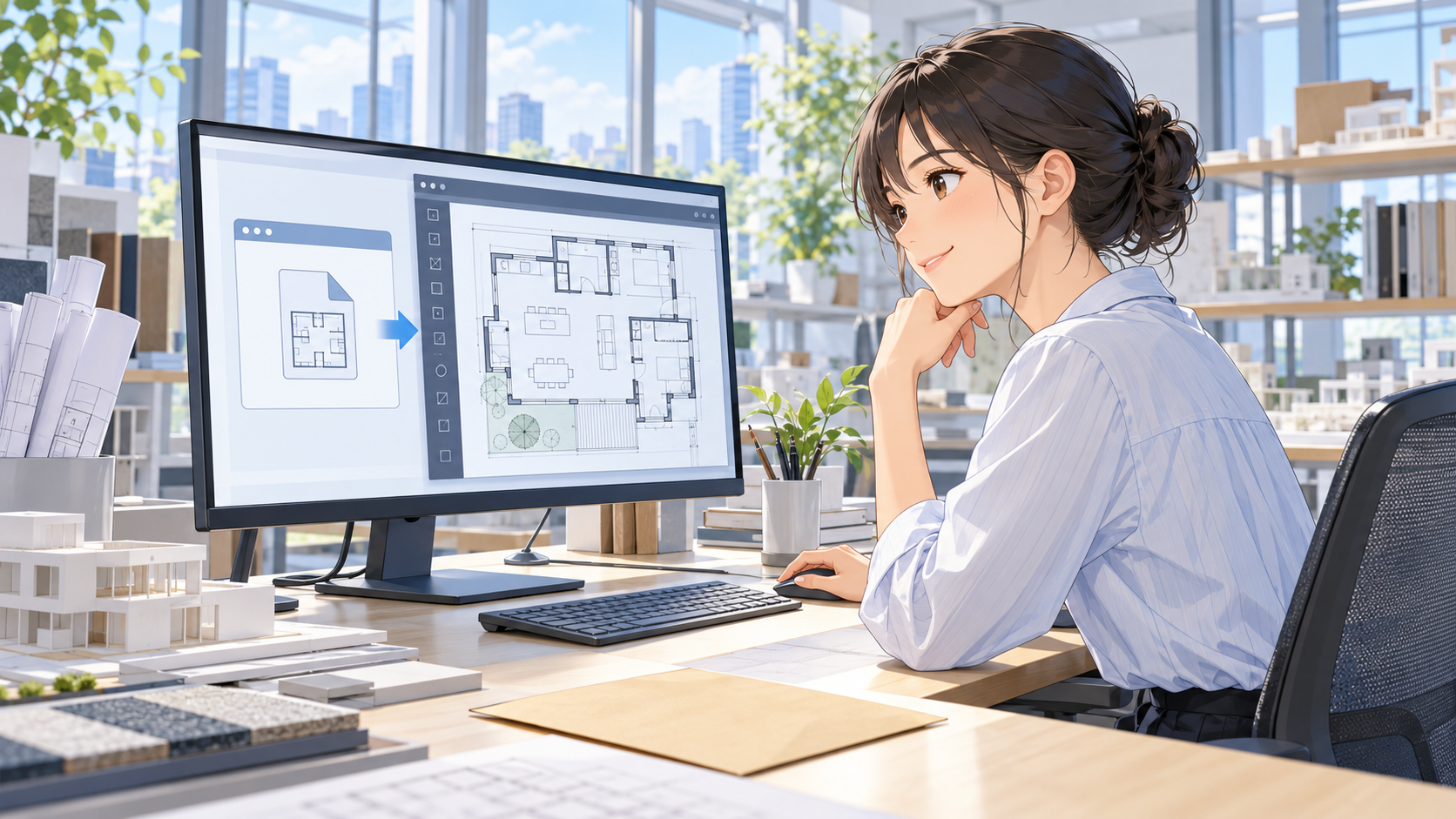 届いた図面を DXF にして Jw_cad で開き、平面図を確かめている設計者の絵