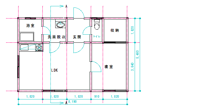 切断線と見る向きの矢印を描いた平面図