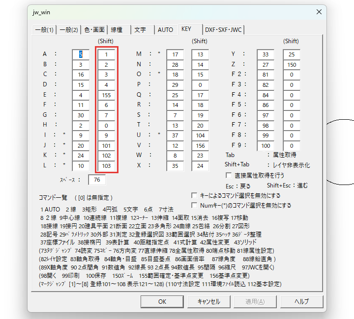 KEYタブのShiftの欄