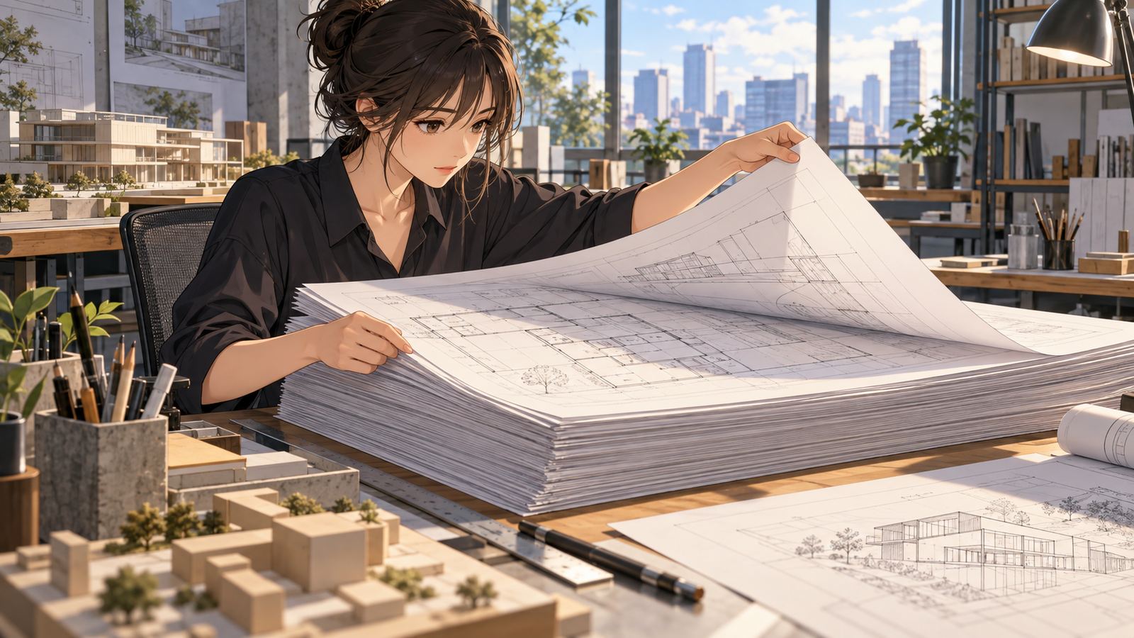 設計事務所の机に、実施設計の図面の厚い束が積まれ、若い設計者がその1枚をめくって確かめている場面