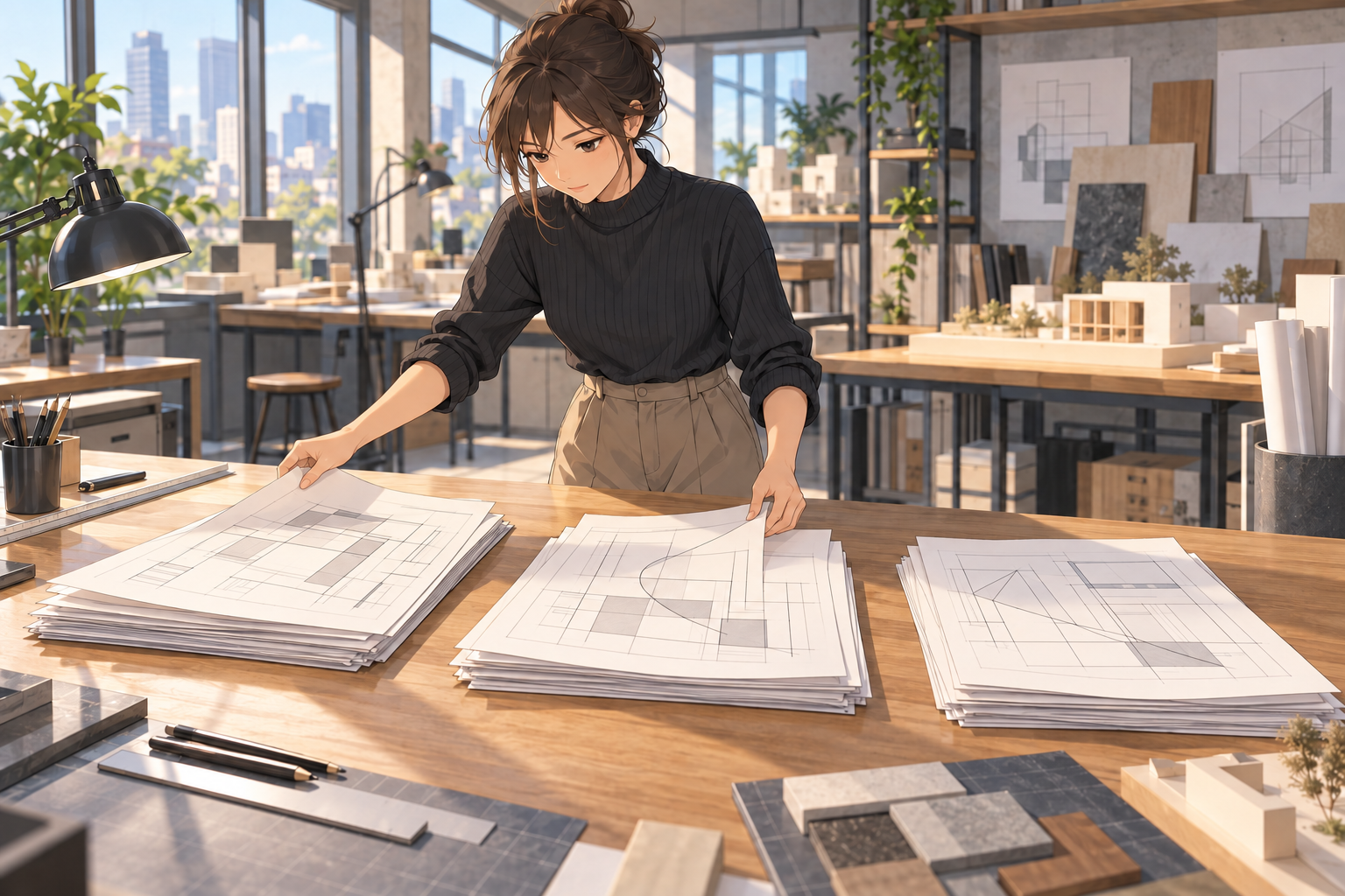 設計事務所の大きな作業台の上で、若い設計者が建物の図面を3つの山に分けて並べている場面