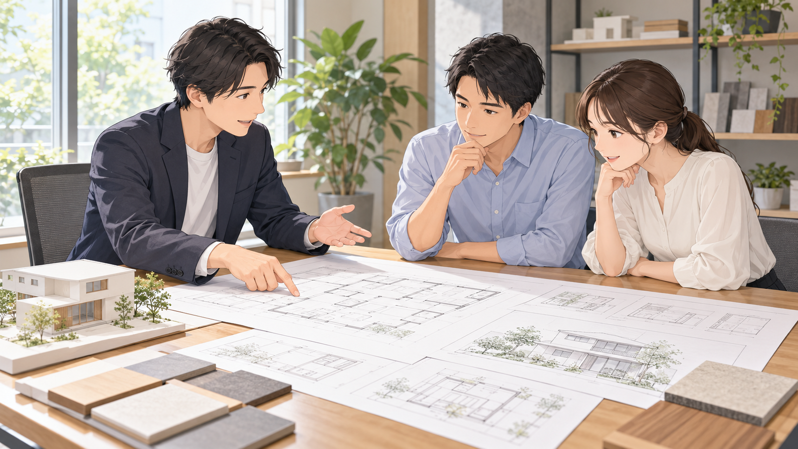 設計事務所の打合せ室で、設計者が施主に実施設計の図面を広げて説明している場面