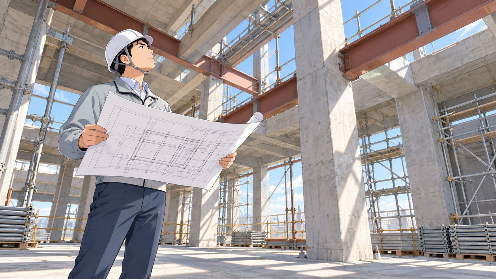 工事現場で、ヘルメットをかぶった設計者が図面を手に持ち、建物の柱や梁を見上げて確かめている場面