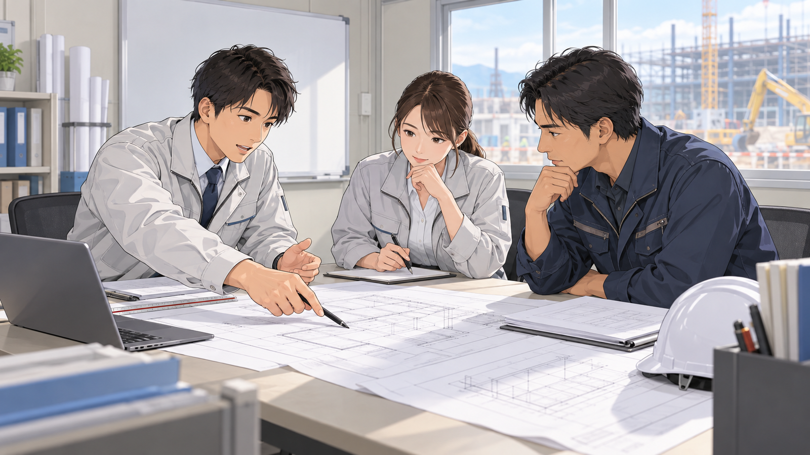 工事現場の仮設事務所の打合せの机で、設計者と施工者の担当が、図面と書類を広げて話している場面